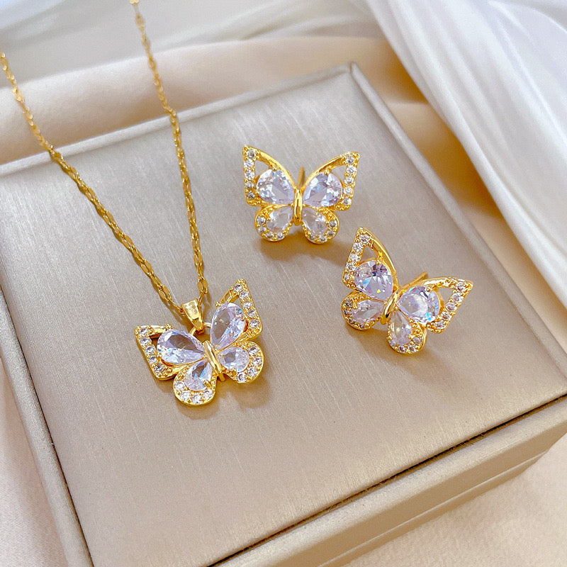 18k Gold Plated Stainless Steel 304 Butterfly Lip Chain Earrings Necklace