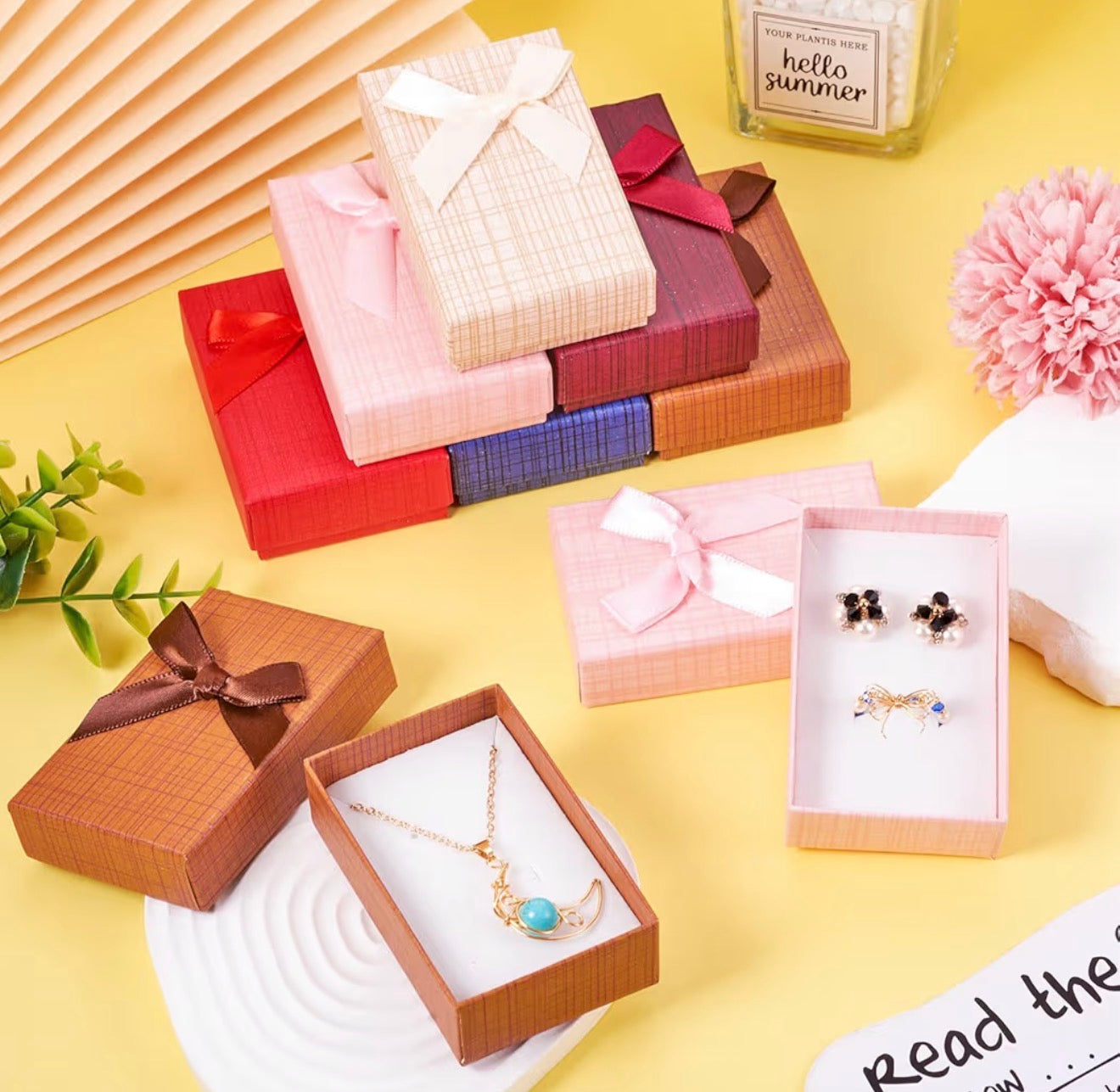 Jewelry Gift Box Set Rectangle Cardboard Paper Jewelry Boxes with Bowknot Empty Packaging Cases with Lid for Necklaces Rings Earrings Pendants Displaying