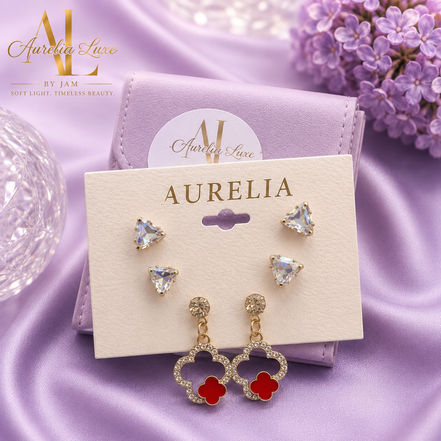 Aurelia Luxe Earrings Set With Clover Design and Gold Accents