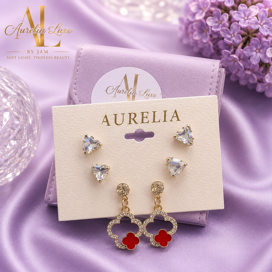 Aurelia Luxe Earrings Set With Clover Design and Gold Accents