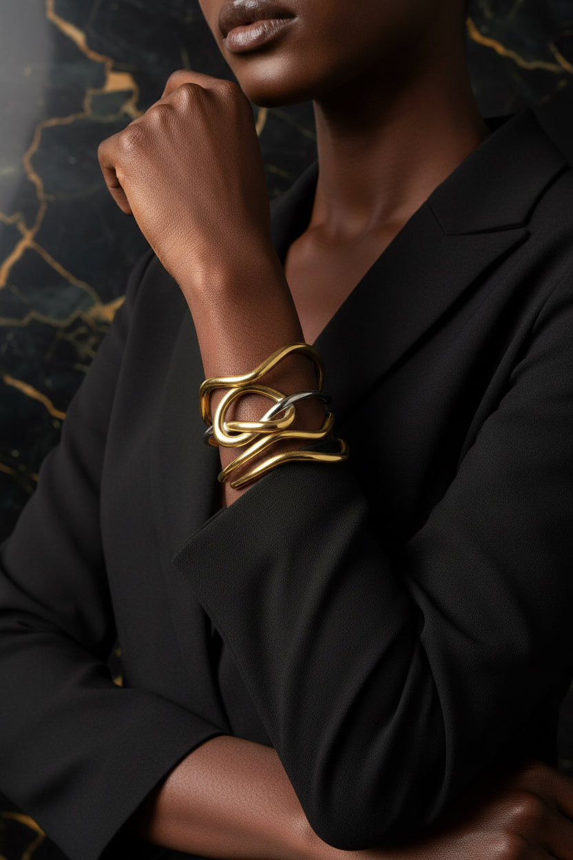 Fashion Niche Design Geometric Line color block Titanium Steel Bracelet Gold and silver contrast
