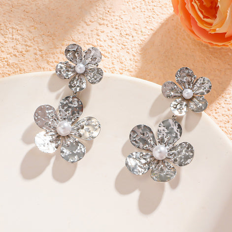 304 Stainless Steel  Flower Pvd Coated Geometric Stone-free Square Ear Studs