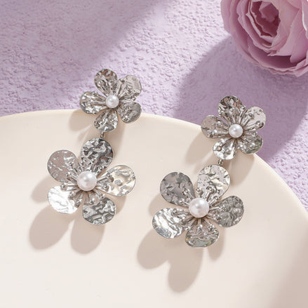304 Stainless Steel  Flower Pvd Coated Geometric Stone-free Square Ear Studs