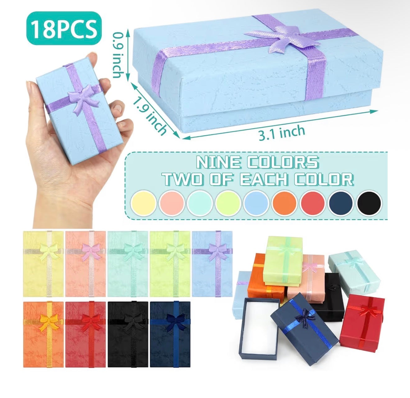 Jewelry Gifts Boxes, Cardboard Ring Boxes With Padding Gifts Paper Boxes Jewelry Storage Cube Satin Ribbons Bowknot (9 Colors, 3.15