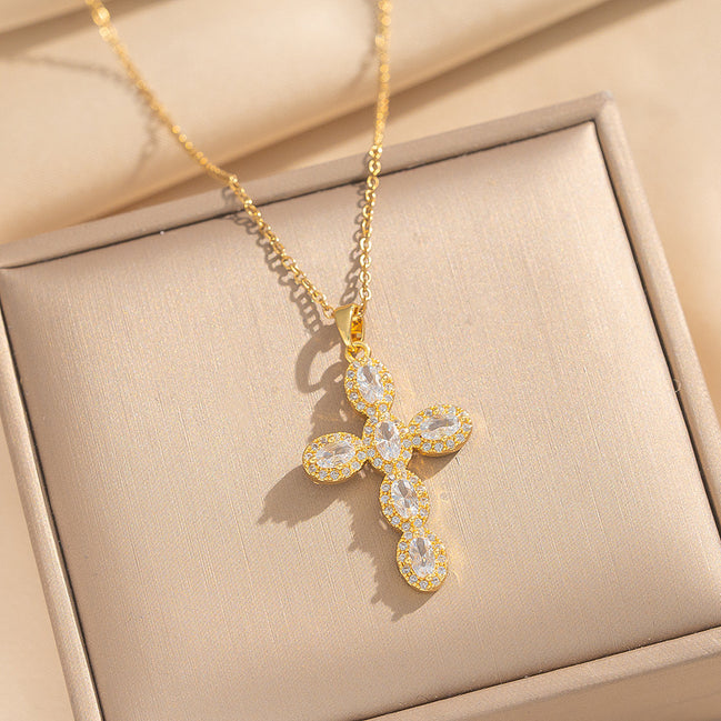 Luxury Zircon Cross Pendant Necklace – Stainless Steel (Gold or Silver)