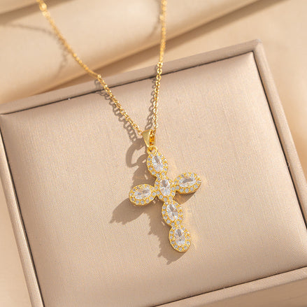 Luxury Zircon Cross Pendant Necklace – Stainless Steel (Gold or Silver)