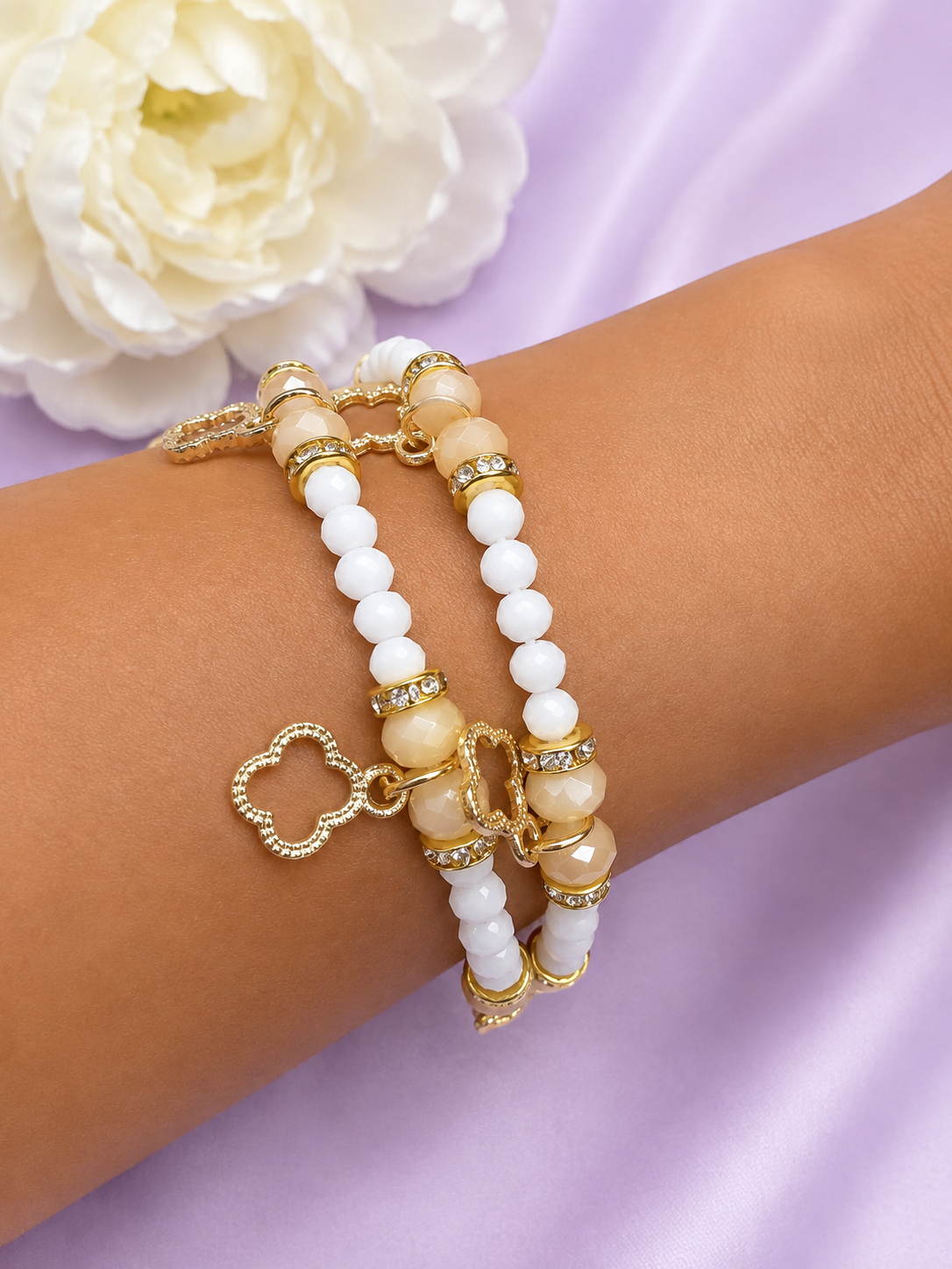 Aurelia Luxe Golden Clover Charm Beaded Bracelet Duo – Set of 2 ✨