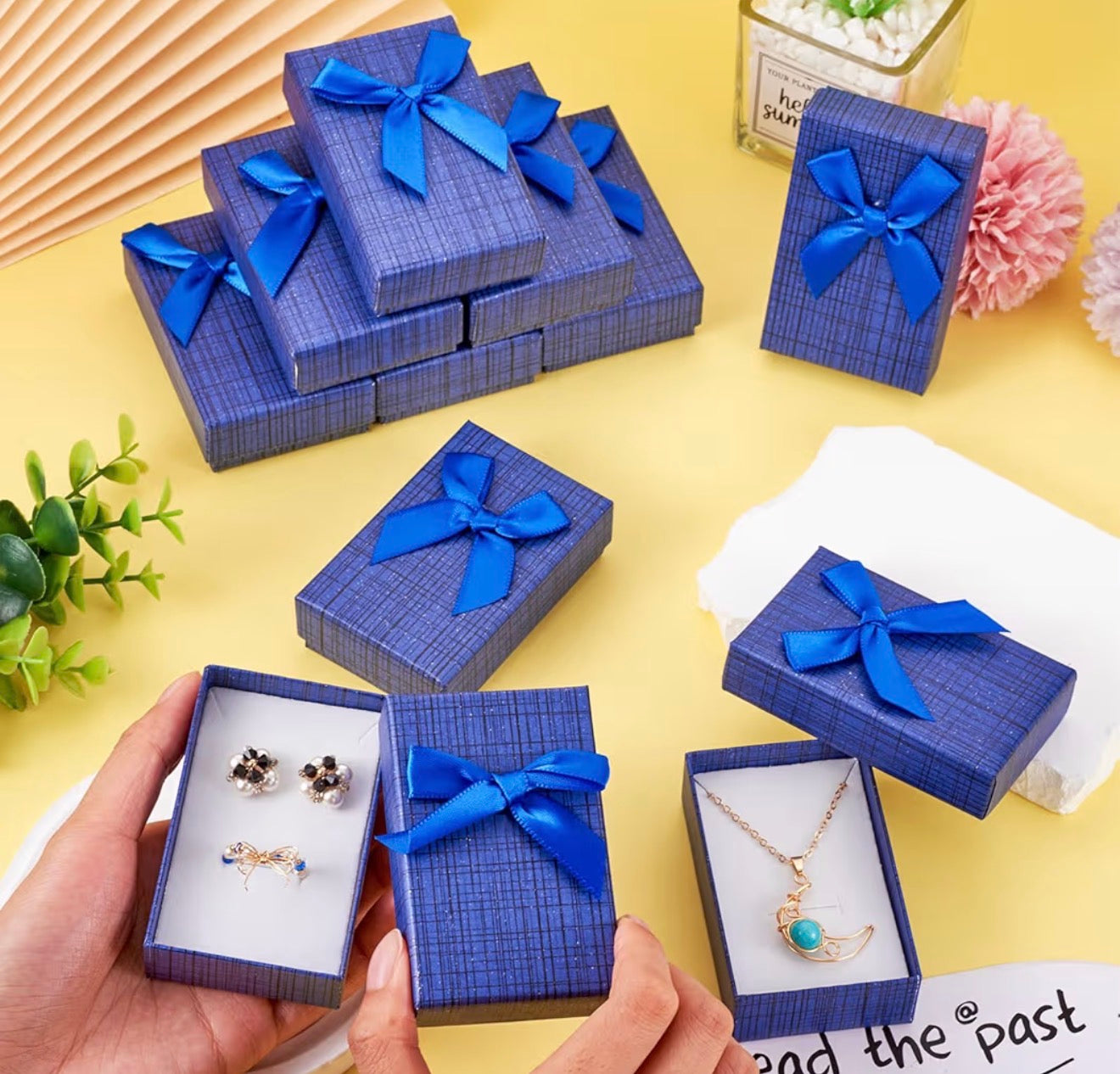 Jewelry Gift Box Set Rectangle Cardboard Paper Jewelry Boxes with Bowknot Empty Packaging Cases with Lid for Necklaces Rings Earrings Pendants Displaying
