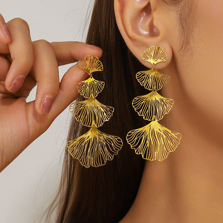 304 Stainless Steel Flower Pvd Coated Stone-Free Real Gold Handmade Waterproof Non Tarnish Drop Earrings