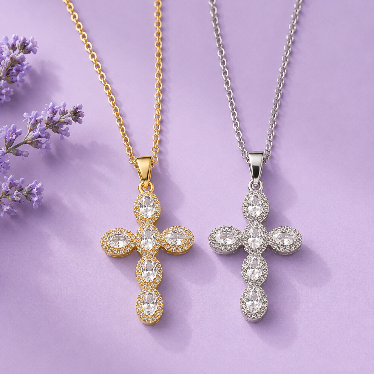 Luxury Zircon Cross Pendant Necklace – Stainless Steel (Gold or Silver)