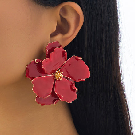 Bohemian Red Flower Metal Earrings Stainless Steel