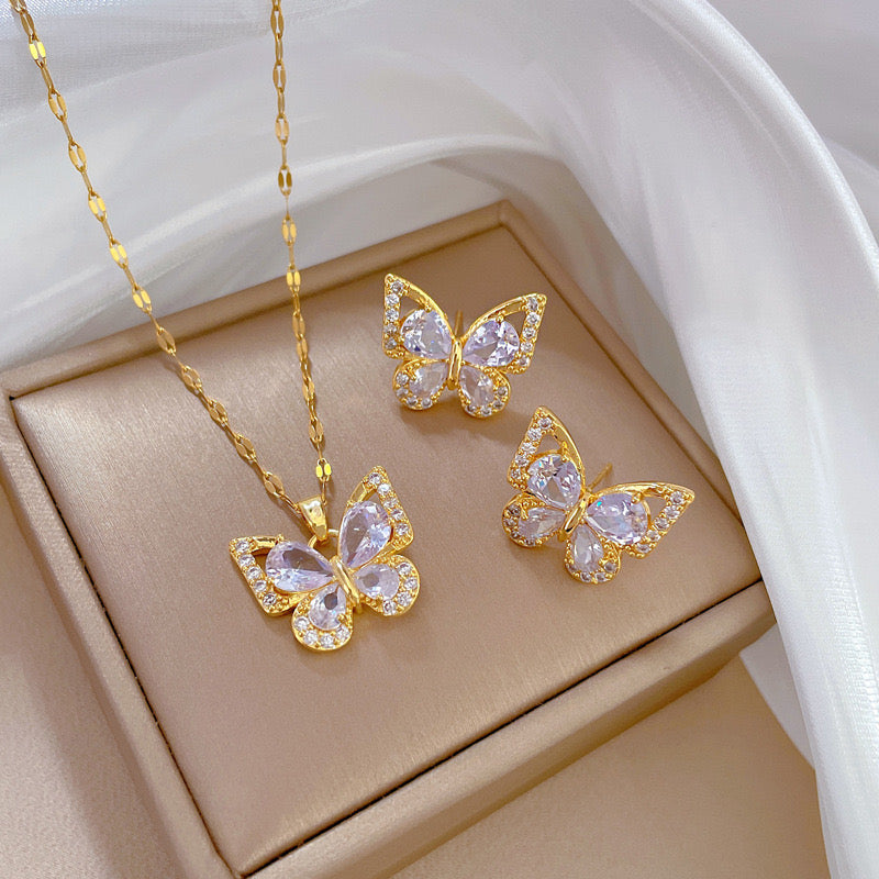 18k Gold Plated Stainless Steel 304 Butterfly Lip Chain Earrings Necklace