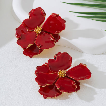 Bohemian Red Flower Metal Earrings Stainless Steel