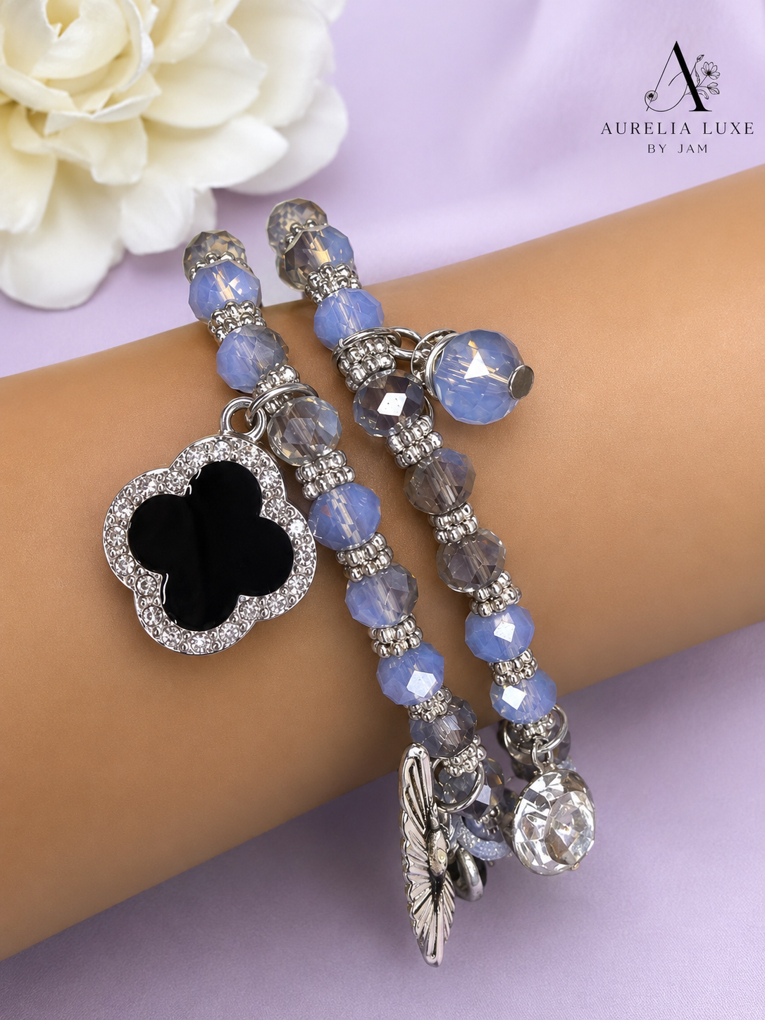 Aurelia Luxe Golden Clover Charm Beaded Bracelet Duo – Set of 2 ✨