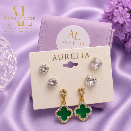 Aurelia Luxe Earrings Set With Clover Design and Gold Accents