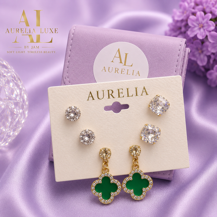 Aurelia Luxe Earrings Set With Clover Design and Gold Accents